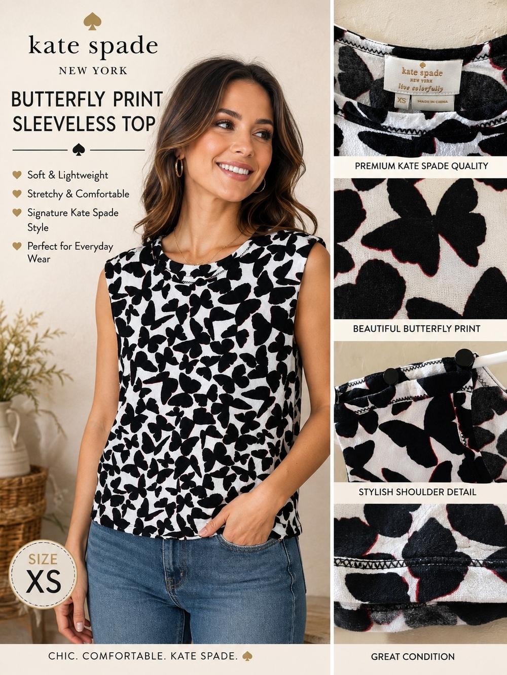 kate spade Black & White Butterfly Print Sleeveless Top